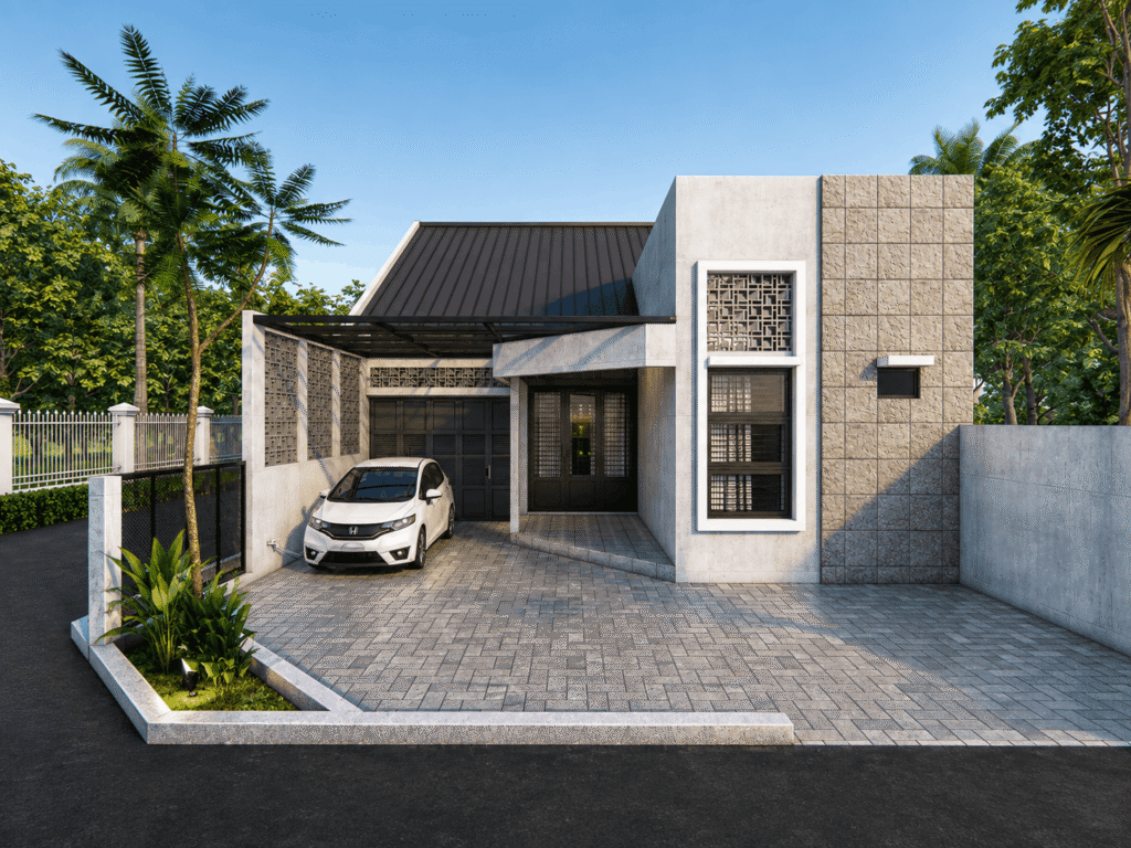 Visualisasi 3D desain rumah minimalis modern tropis dengan fasad putih, aksen batu, roster, kanopi hitam, dan taman tropis pada area depan rumah.