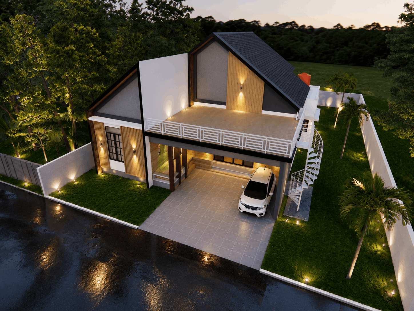 Render 3D aerial rumah modern tropis dengan rooftop terrace, tangga spiral, carport, taman samping, atap pelana, serta landscape dan pencahayaan eksterior pada suasana senja.