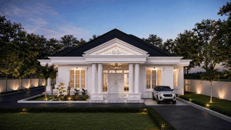 Fasad depan rumah mewah 1 lantai bergaya American Classic dengan kanopi pilar besar dan warna dinding abu-abu terang.