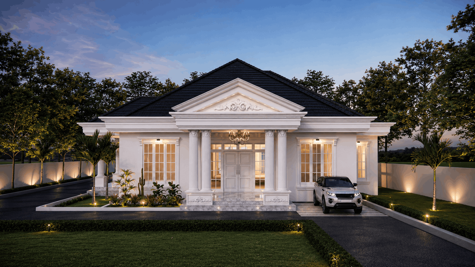 Fasad depan rumah mewah 1 lantai bergaya American Classic dengan kanopi pilar besar dan warna dinding abu-abu terang.