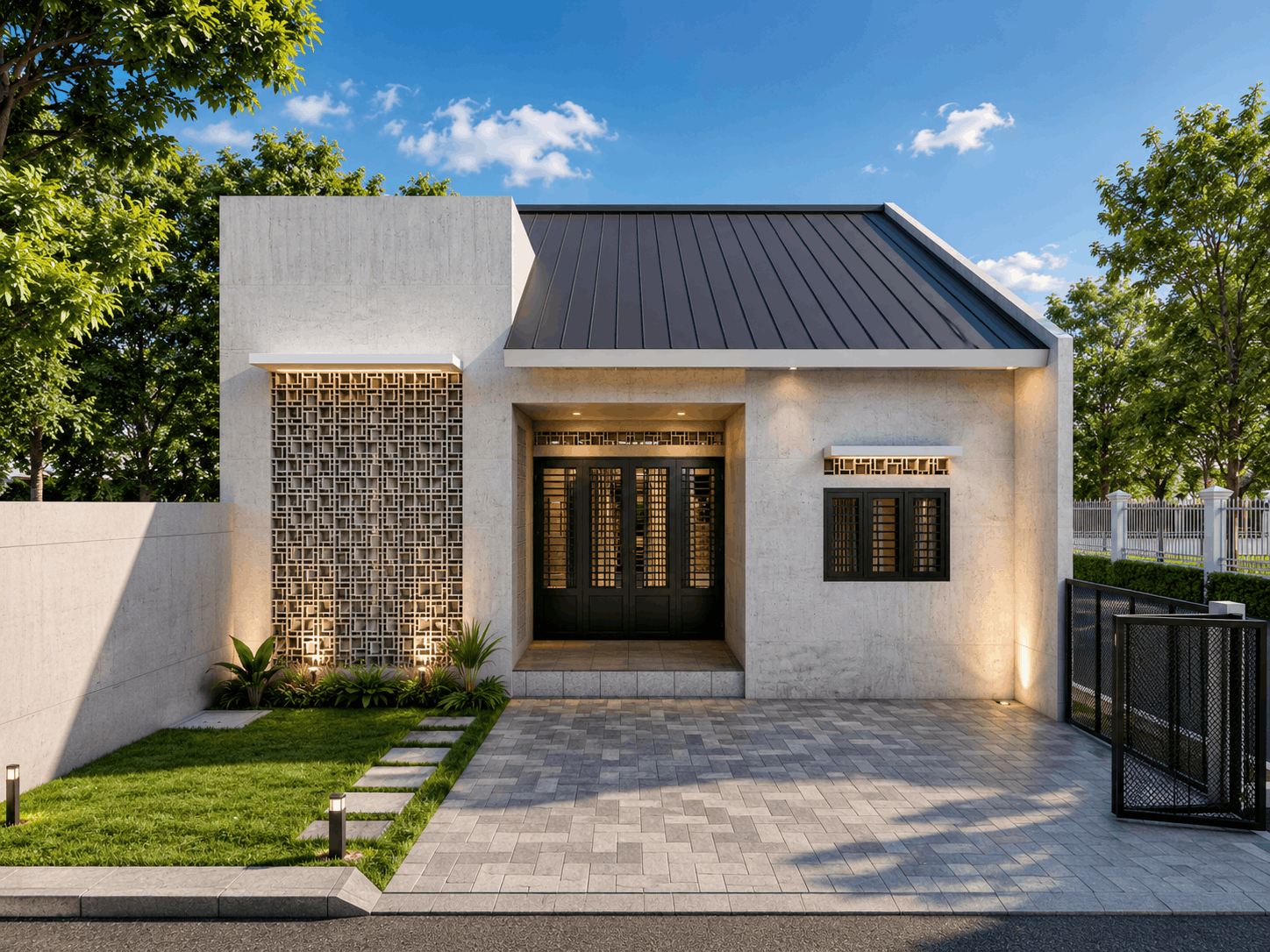 Render 3D tampak belakang rumah minimalis modern dengan atap metal gelap, fasad putih, roster dekoratif, halaman hijau, dan paving driveway.