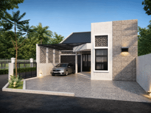 Visualisasi 3D rumah modern tropis dengan fasad putih, aksen batu, roster, kanopi hitam, dan taman tropis.
