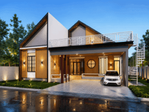 Visualisasi 3D rumah modern tropis dengan dua atap pelana, fasad kayu dan abu-abu, carport, rooftop terrace, serta pencahayaan eksterior hangat pada suasana senja.