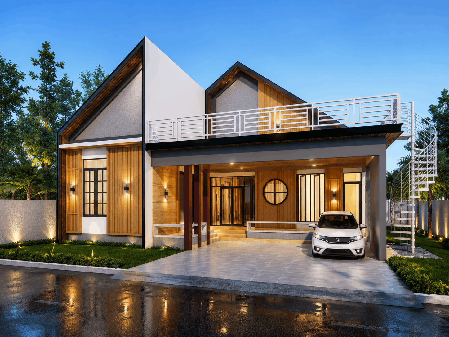 Visualisasi 3D rumah modern tropis dengan dua atap pelana, fasad kayu dan abu-abu, carport, rooftop terrace, serta pencahayaan eksterior hangat pada suasana senja.