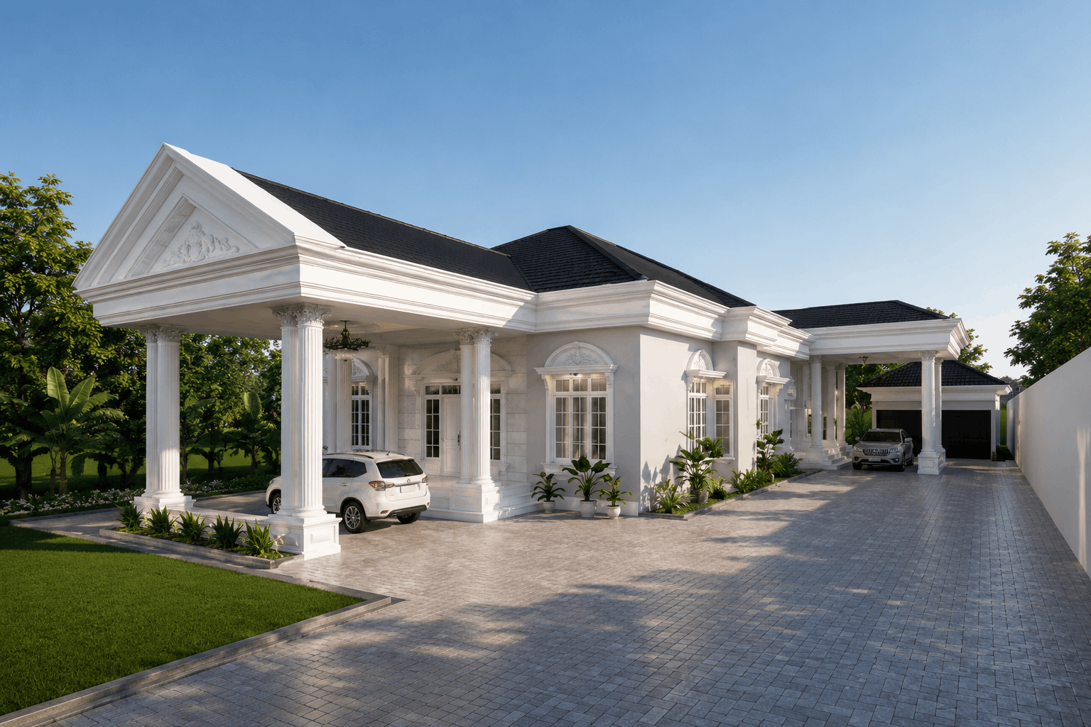 Tampak samping rumah desain American Classic yang simetris, menampilkan deretan jendela klasik dan area garasi tertutup.