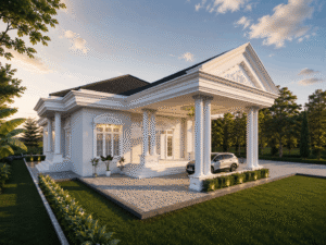 Fasad depan rumah mewah 1 lantai bergaya American Classic dengan kanopi pilar besar dan warna dinding abu-abu terang.