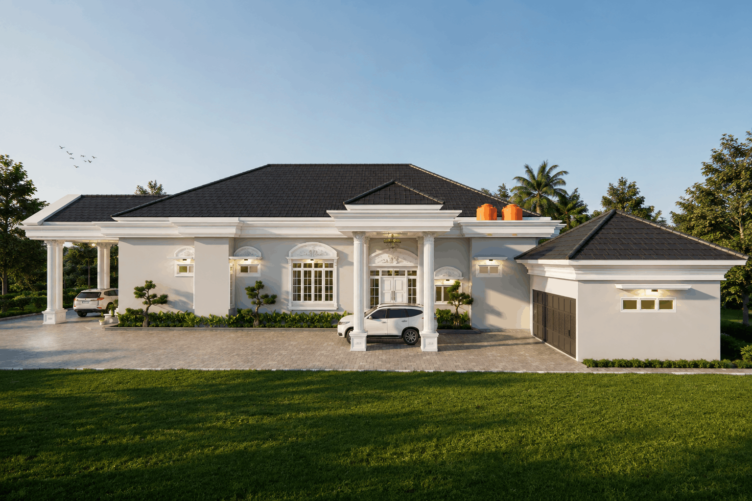 Area belakang rumah American Classic dengan teras berpilar, panel dekoratif laser cut, dan kolam renang pribadi berlantai kayu.