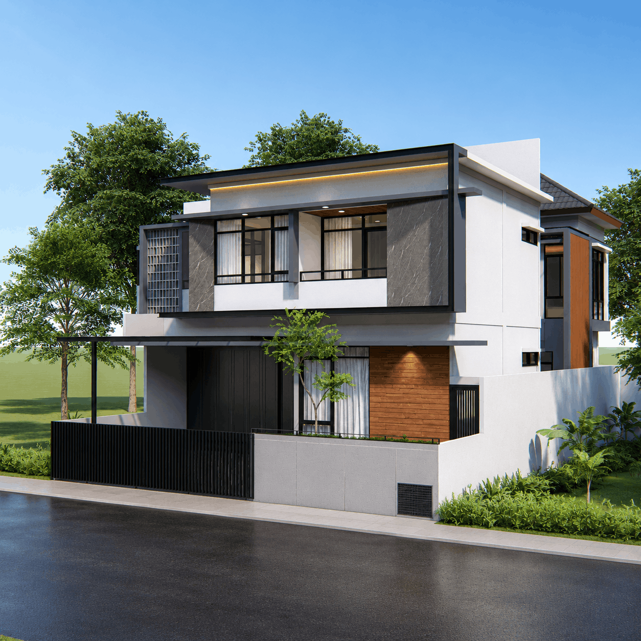 Desain eksterior rumah modern 2 lantai dengan aksen kayu, batu.