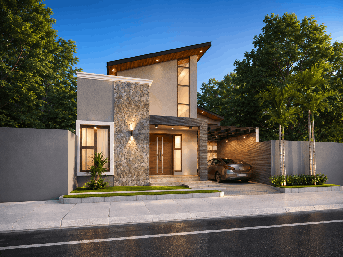 Desain rumah minimalis atap miring dengan fasad dan carport