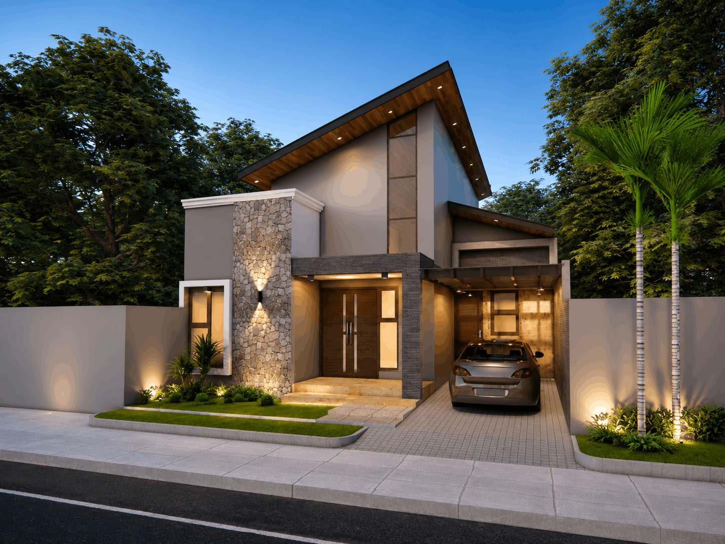 Desain rumah minimalis atap miring dengan fasad batu alam dan carport