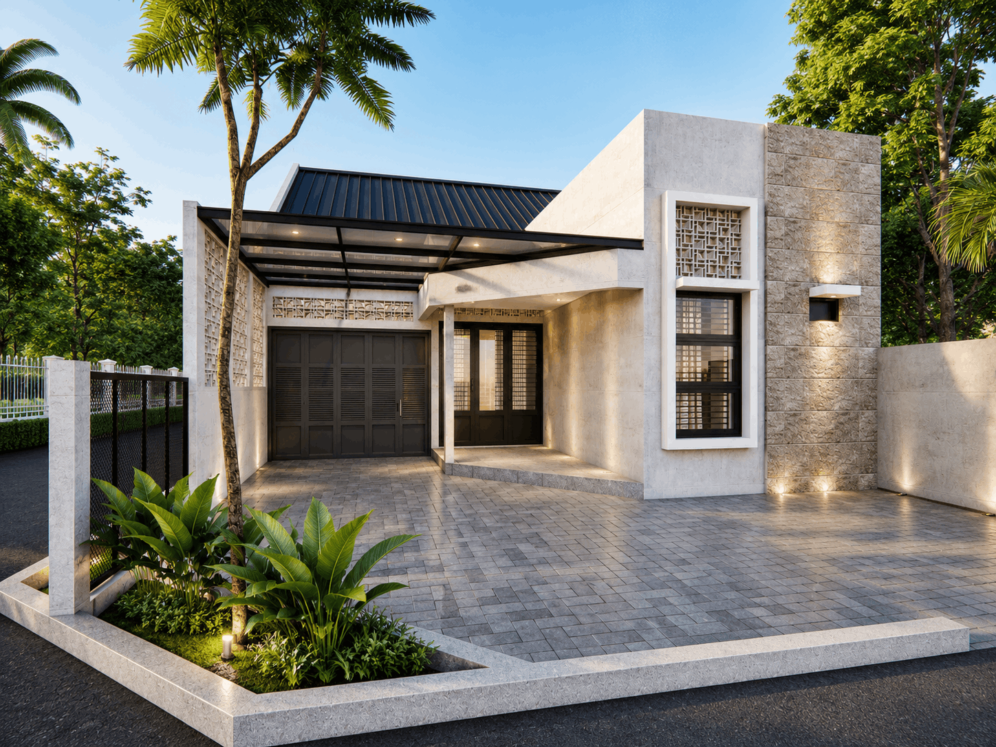 Visualisasi 3D rumah modern minimalis dengan area carport, fasad batu bertekstur, roster geometris, paving abu-abu, dan landscape tropis.