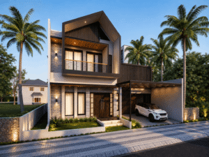 Render 3D perspektif depan rumah modern tropis dua lantai dengan atap pelana kontemporer, balkon, aksen kayu, carport, dan mobil di area depan rumah.