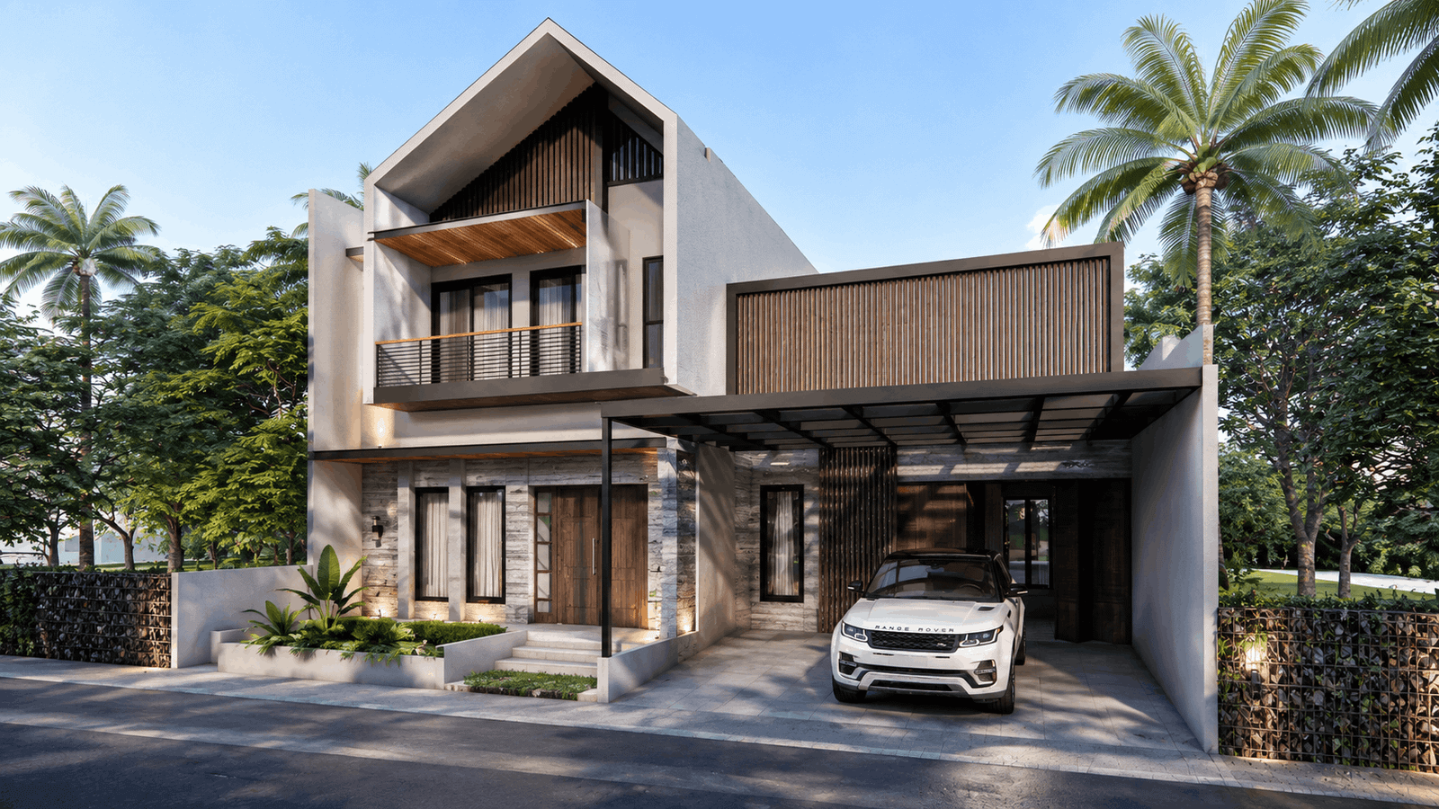 Visualisasi arsitektur 3D rumah modern dua lantai dengan fasad putih, batu dan kayu, balkon, kisi vertikal, carport modern, serta landscape tropis.