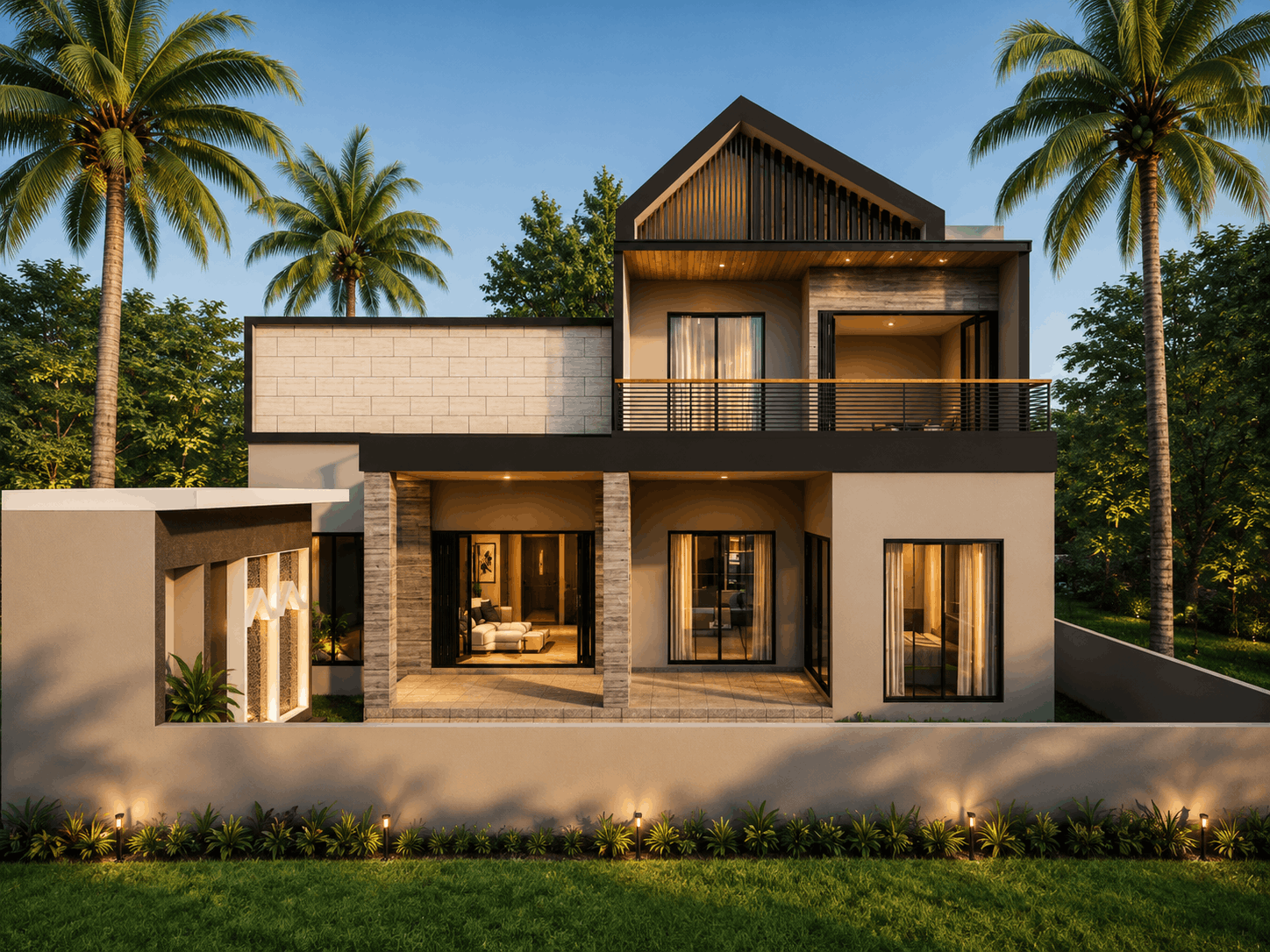 Visualisasi 3D tampak belakang rumah modern tropis dua lantai dengan balkon, fasad abu-abu dan kayu, pencahayaan hangat, serta landscape tropis.