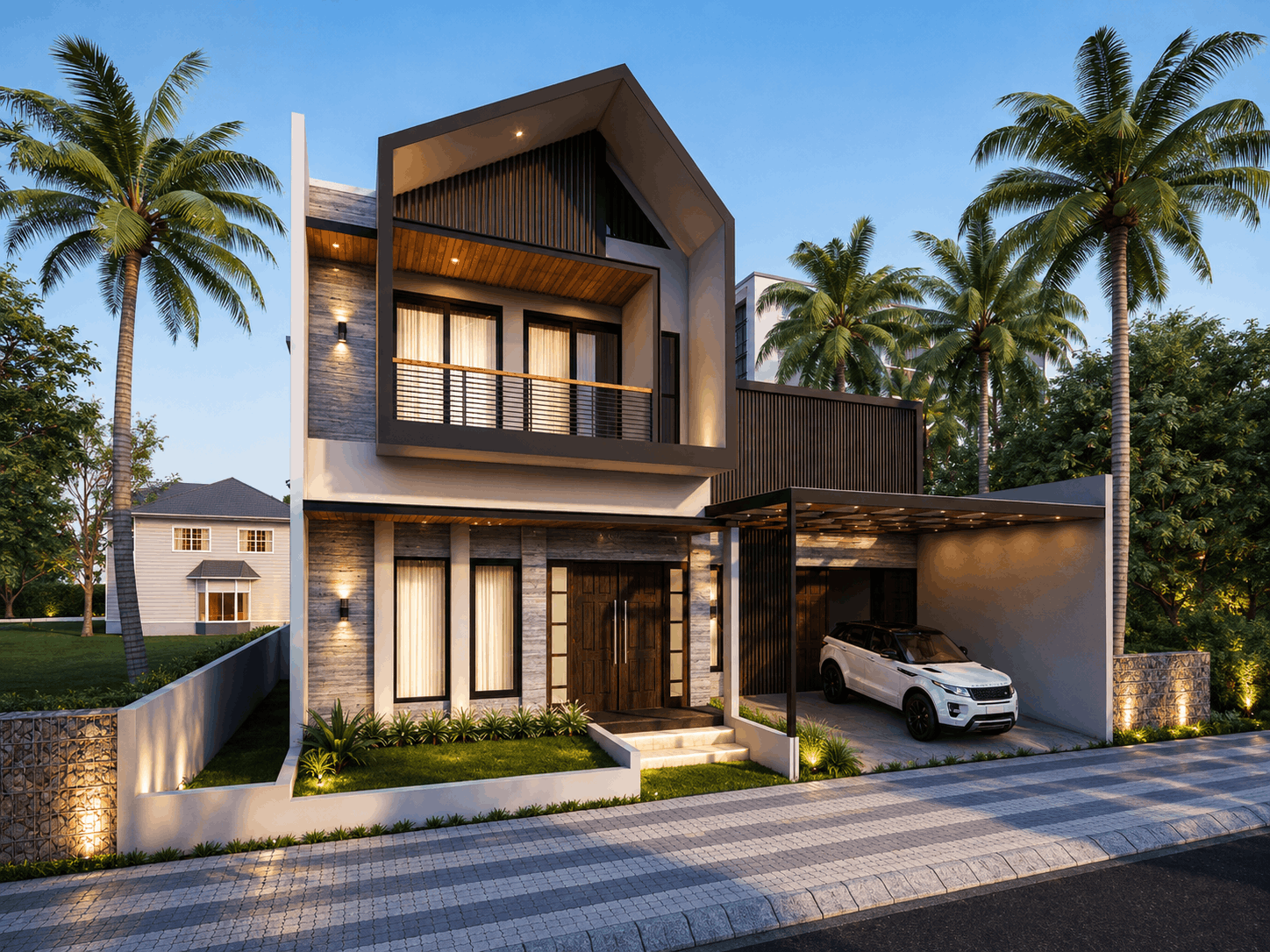 Render 3D perspektif depan rumah modern tropis dua lantai dengan atap pelana kontemporer, balkon, aksen kayu, carport, dan mobil di area depan rumah.
