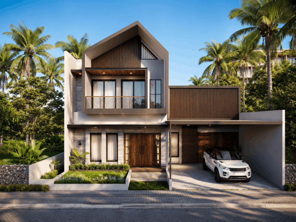 Desain 3D rumah modern dua lantai dengan fasad putih, batu dan kayu, balkon, kisi vertikal, carport modern, serta landscape tropis.
