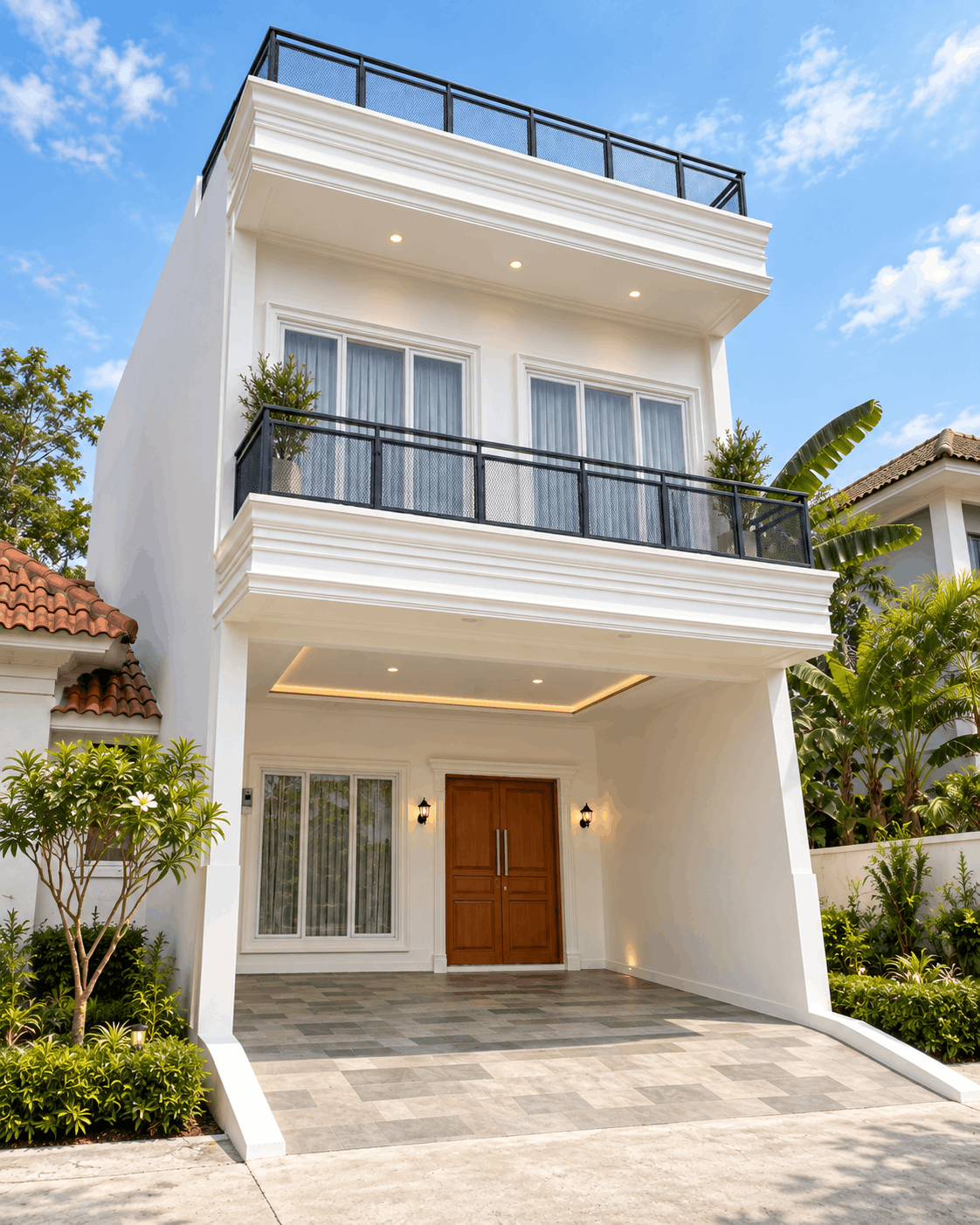 Angle samping Fasad rumah 3 lantai bergaya modern klasik berwarna putih dengan balkon railing hitam dan area carport luas.