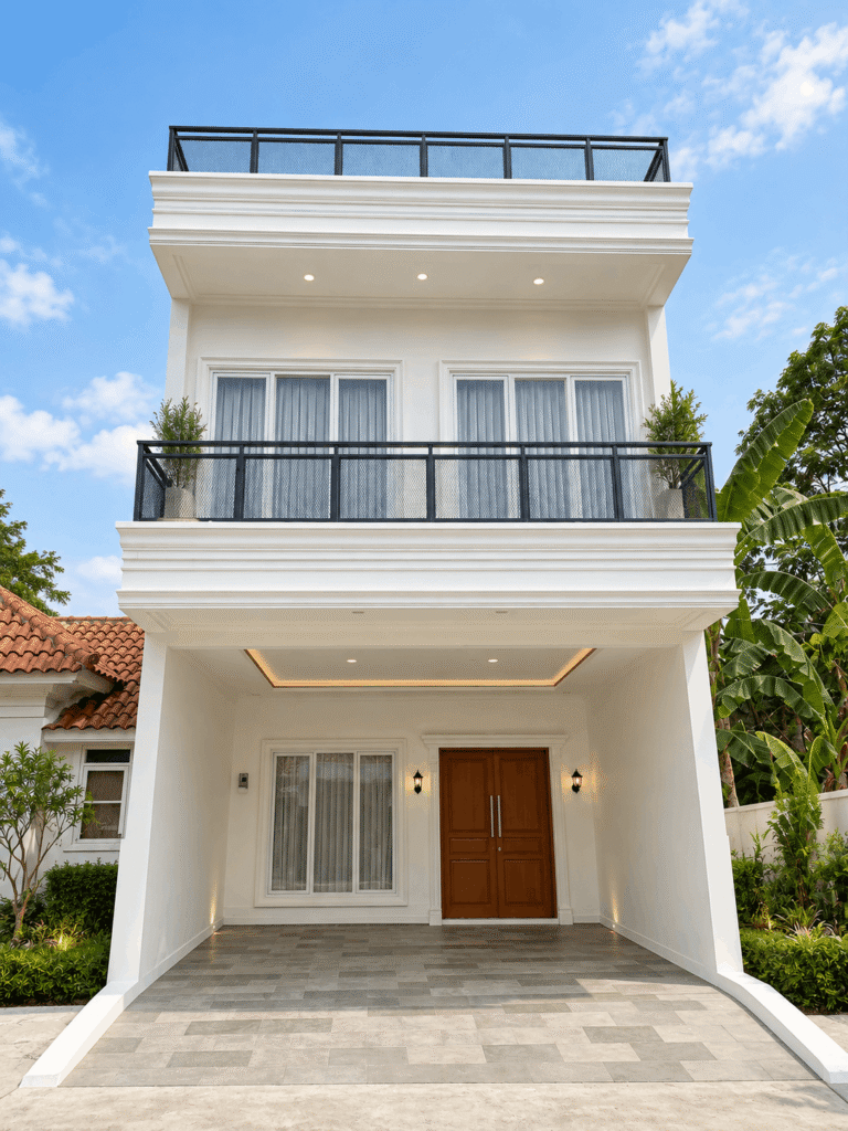 Fasad rumah 3 lantai bergaya modern klasik berwarna putih dengan balkon railing hitam dan area carport luas.