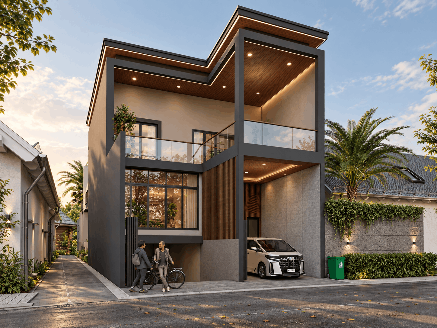 Perspektif fasad rumah modern dengan balkon kaca, frame hitam, panel kayu, carport tinggi, dan landscaping tropis.