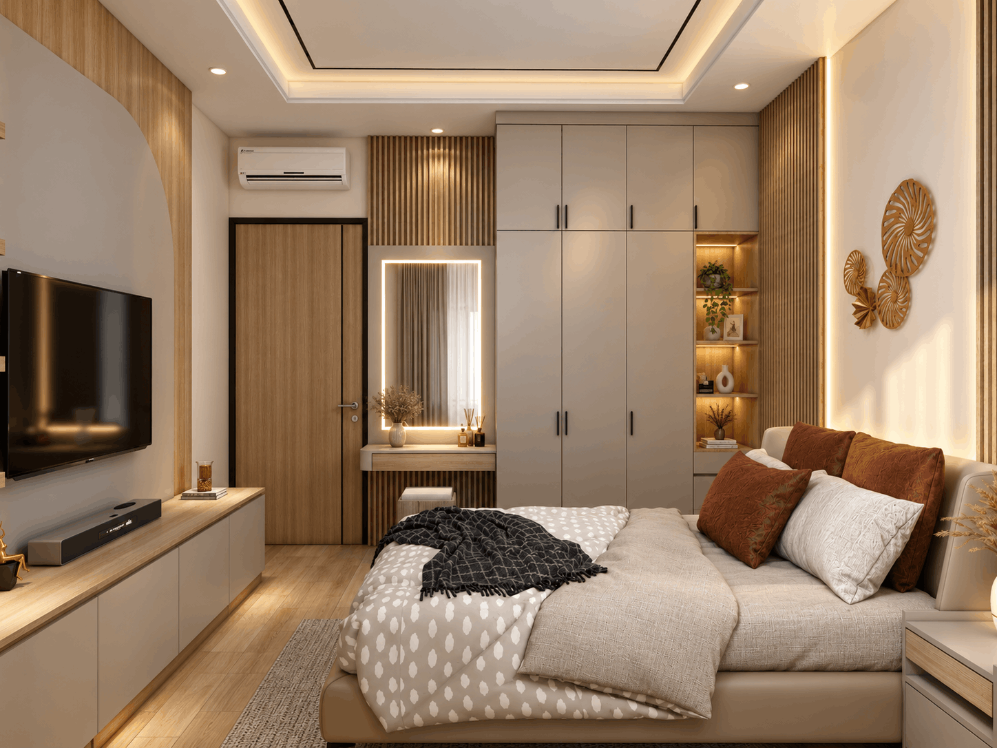 Visualisasi kamar tidur rumah Kebon Jeruk dengan lemari built-in, meja rias, kabinet TV, dan aksen kayu