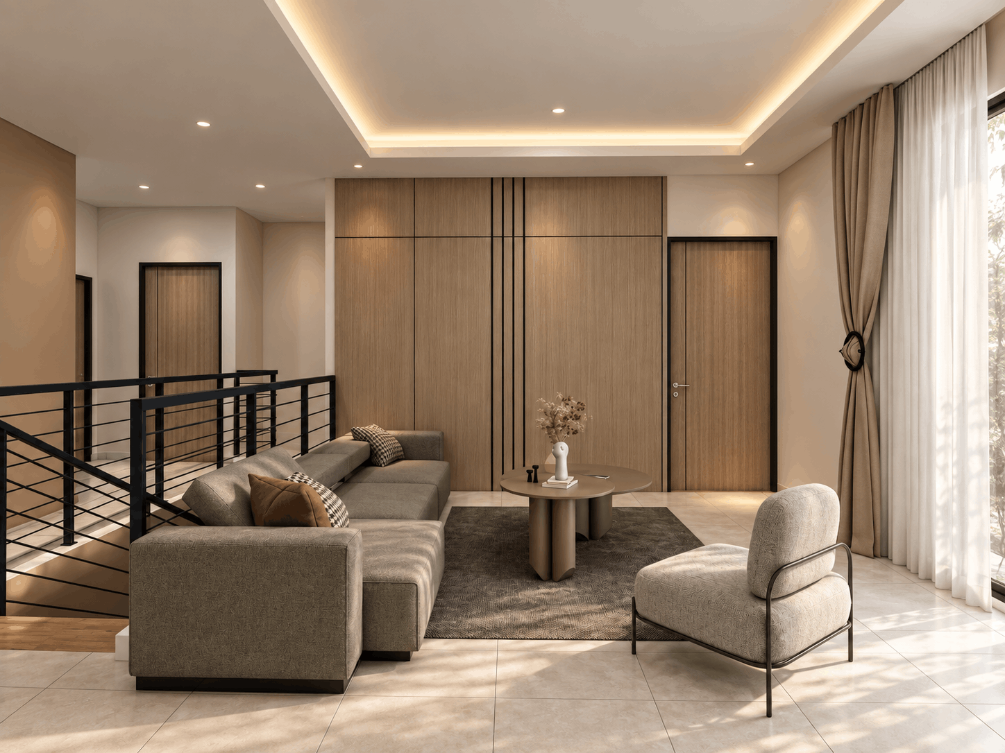Visualisasi ruang keluarga lantai atas rumah Kebon Jeruk dengan sofa, panel kayu, void tangga, dan jendela besar