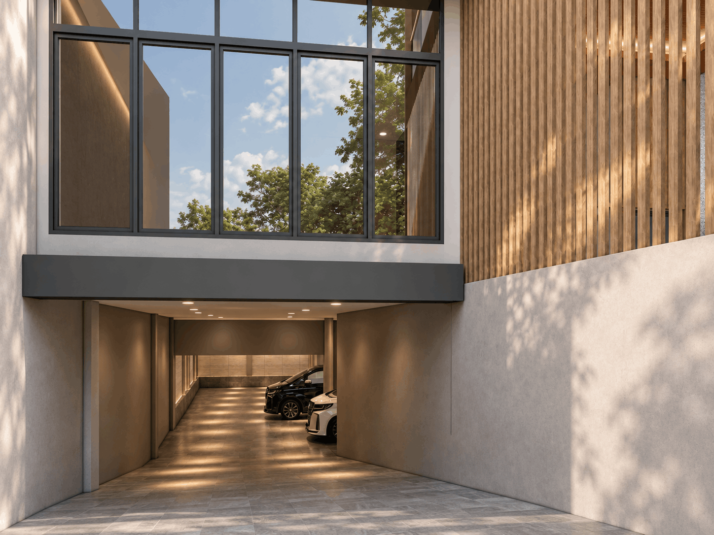 Visualisasi akses ramp menuju parkir basement rumah Kebon Jeruk dengan jendela besar dan kisi-kisi kayu