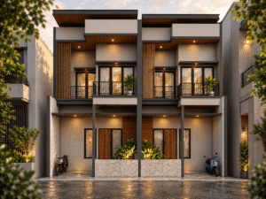 angel kiri dari fasad Rumah Type 65A Kebon Jeruk bergaya modern minimalis dengan balkon dan aksen kayu