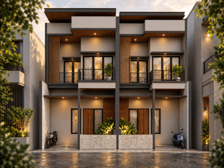 angel kiri dari fasad Rumah Type 65A Kebon Jeruk bergaya modern minimalis dengan balkon dan aksen kayu