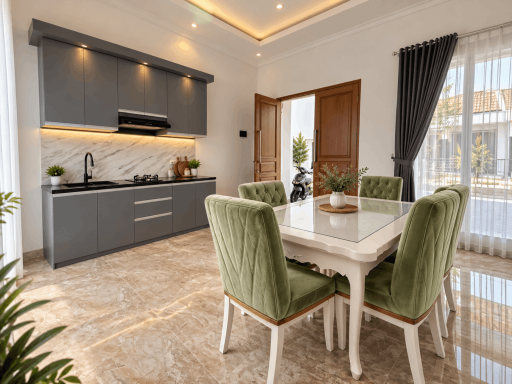 Ruang makan modern beserta dapur dengan meja kaca, kursi hijau, tangga beraksen kayu dan akses langsung menuju kolam renang.