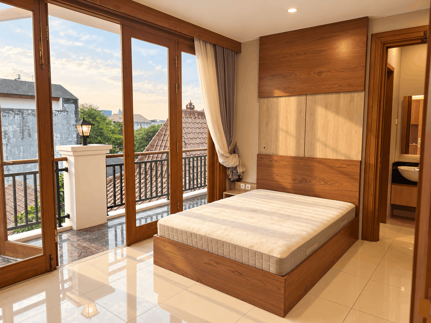 Kamar tidur bernuansa kayu dengan ranjang built-in, bukaan kaca besar ke balkon, dan pencahayaan alami.
