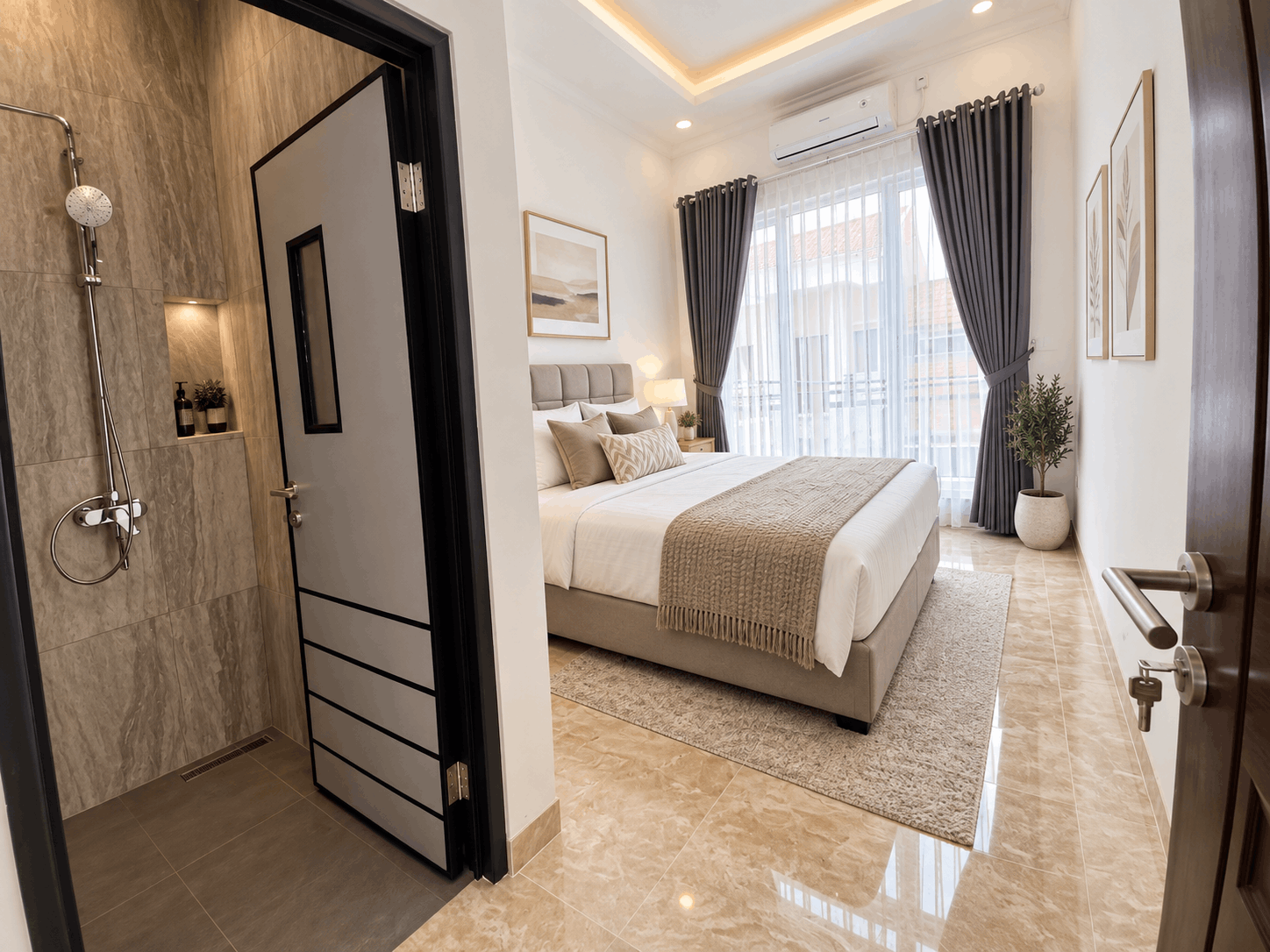 Kamar tidur modern bernuansa netral dengan kamar mandi ensuite, lantai marmer dan jendela besar berwarna terang.
