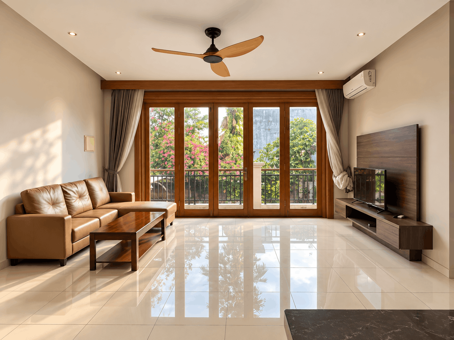 Ruang keluarga minimalis dengan sofa cokelat, meja kayu, TV wall panel, dan pintu kaca besar menghadap taman.