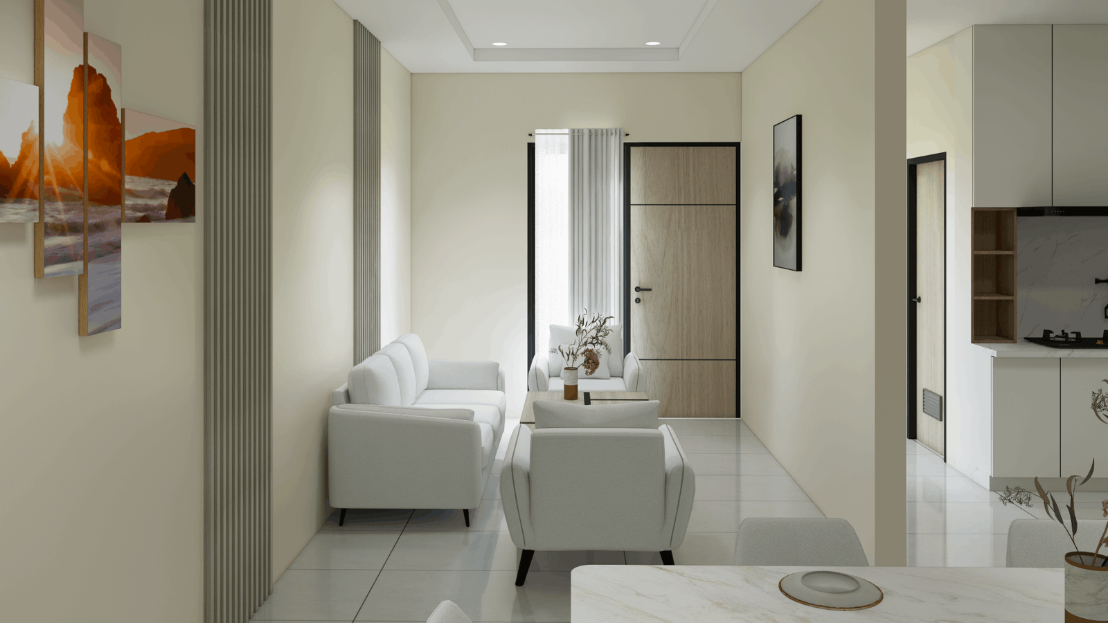 Desain ruang tamu Rumah Type 65A Kebon Jeruk dengan sofa putih dan interior modern minimalis