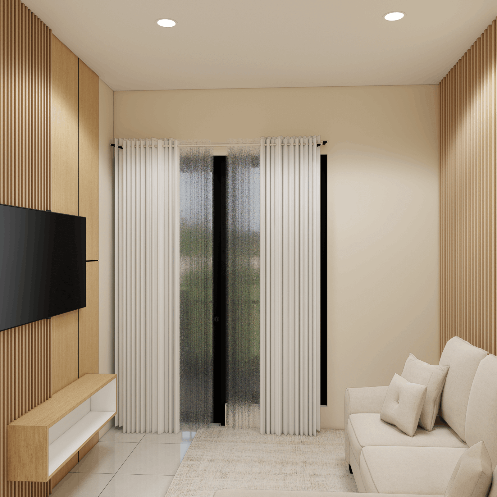 Ruang keluarga lantai 2 Rumah Type 65A Kebon Jeruk dengan TV wall panel kayu dan sofa putih