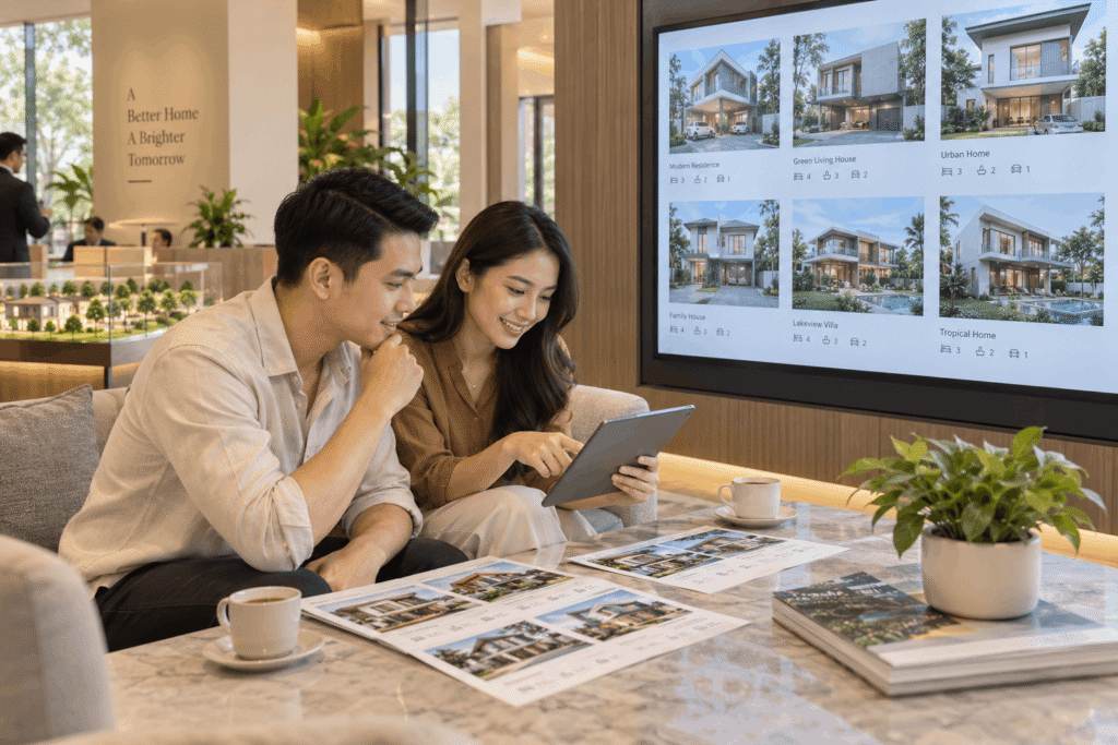 Pasangan membandingkan pilihan rumah melalui tablet dan brosur, dengan layar berisi foto properti di belakang mereka.