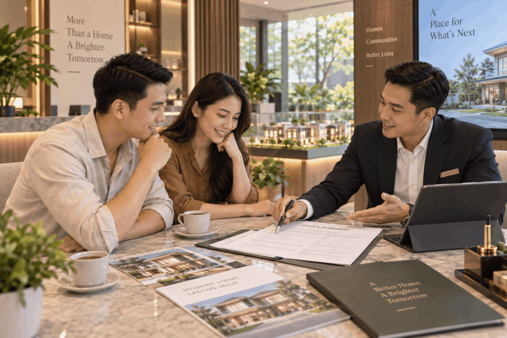 Agen menjelaskan dokumen penawaran properti kepada pasangan yang duduk di seberang meja.