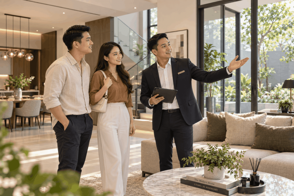 Agen properti menunjukkan ruang keluarga rumah modern kepada pasangan saat kunjungan langsung.